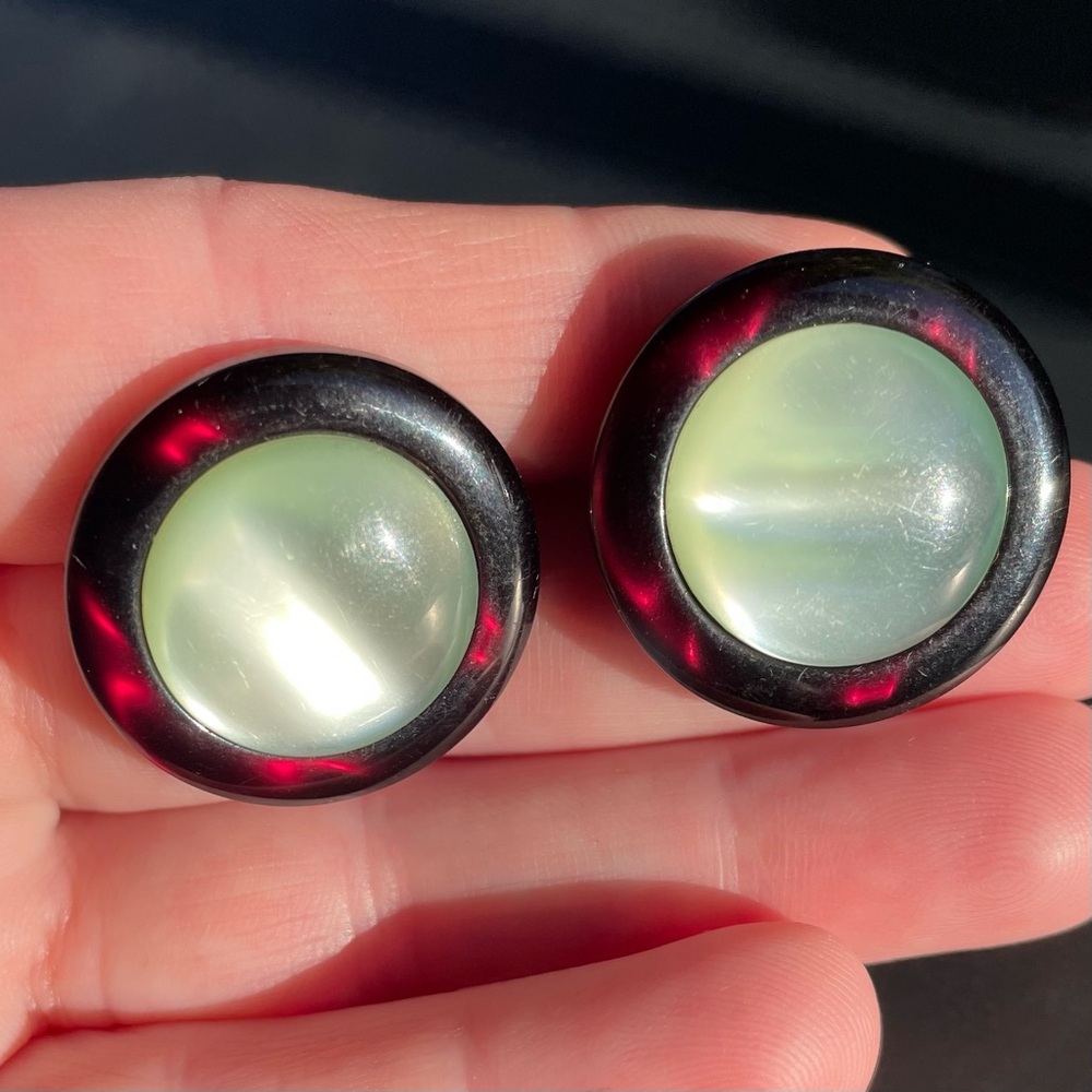Vintage Green Deep Red Moonglow Lucite Button Earrings 80's Pierced Unusual